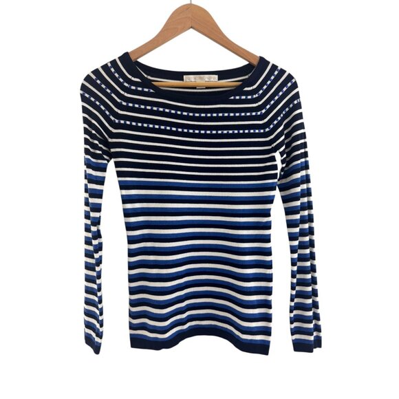 Boston Proper Blue Striped Soft Sweater Embellished Neckline Size XS Knit Top - Picture 8 of 8